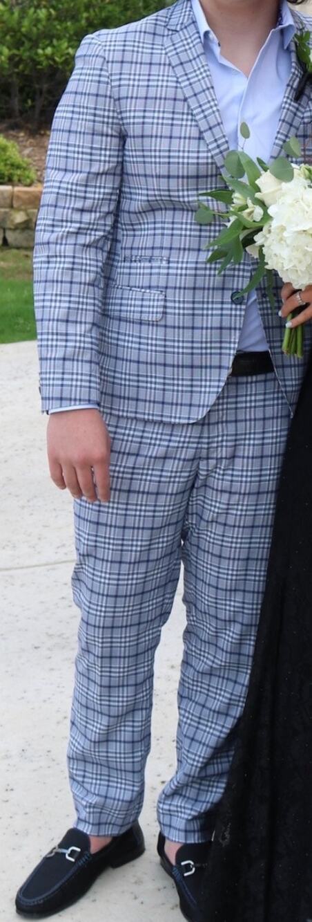 The Savile Row Co. Hoxton Light Blue Grey Plaid Stretch Suit